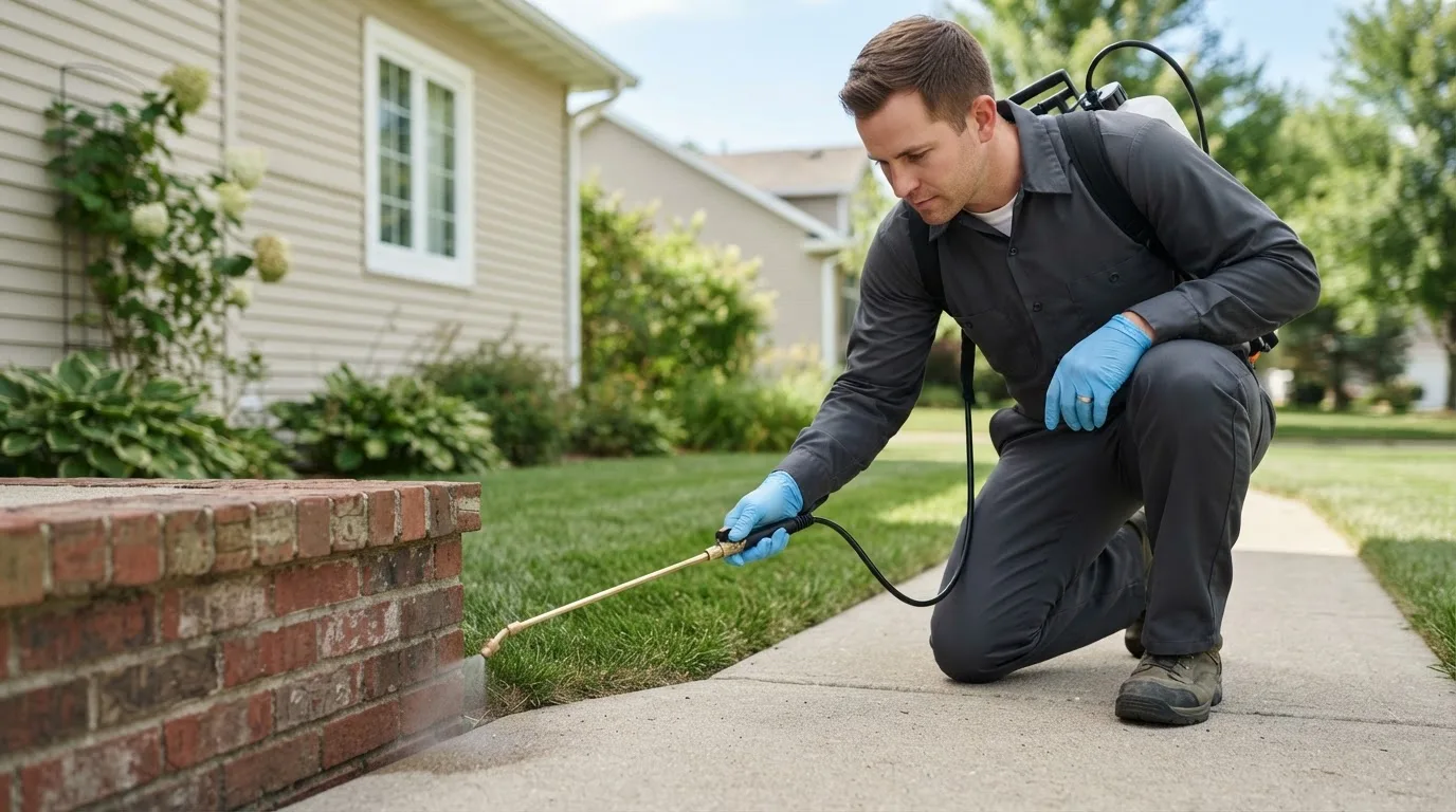 Pest control technician treating a home near Portland, ME